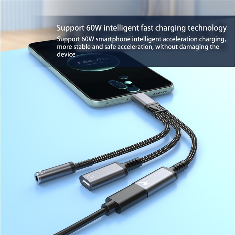 Aux Adapter 60W USB-C to 3.5mm + USB-C Headphones + USB-C PD Charging