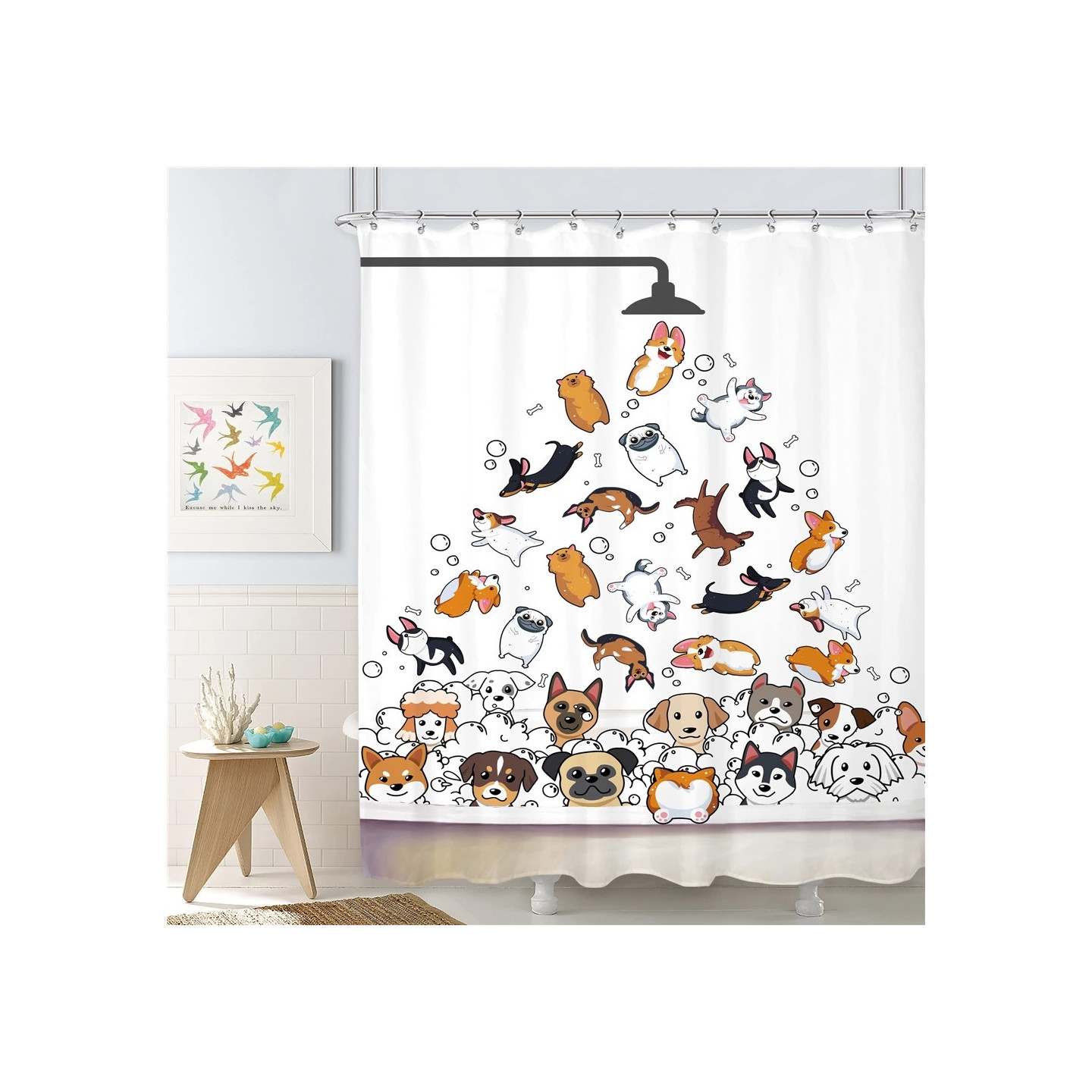 Shower curtain with cartoon animal motif 200 x 180 cm incl. 12 hooks - Dogs