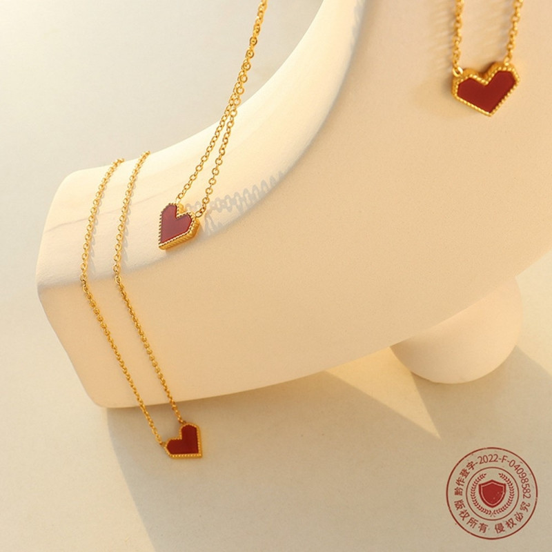 Heart Pendant Necklace Titanium Steel Chain Fashion Jewelry 40+5cm Extender - Gold