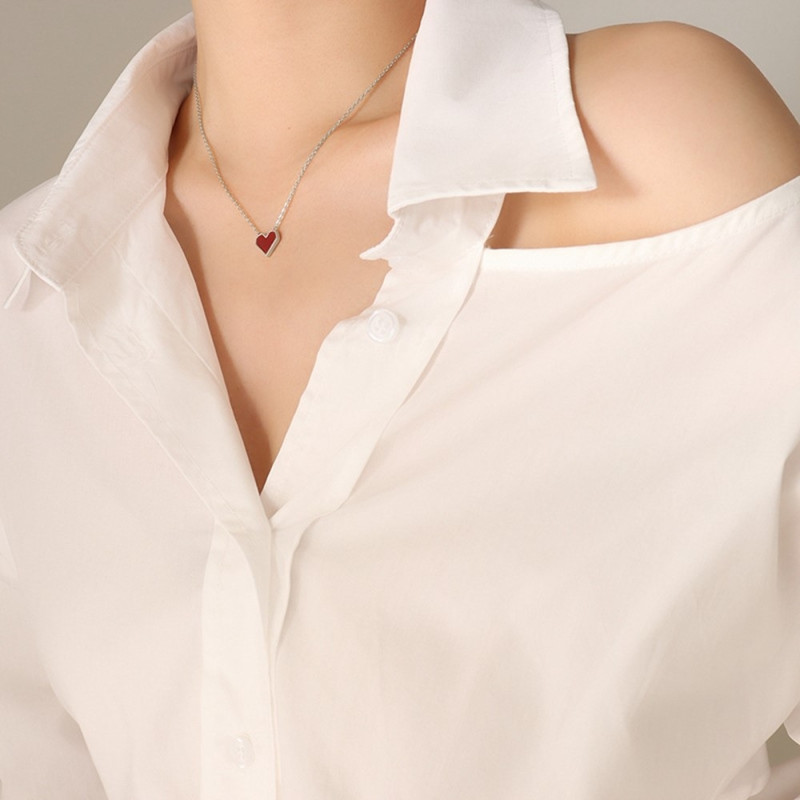 Heart Pendant Necklace Titanium Steel Chain Fashion Jewelry 40+5cm Extender - Silver