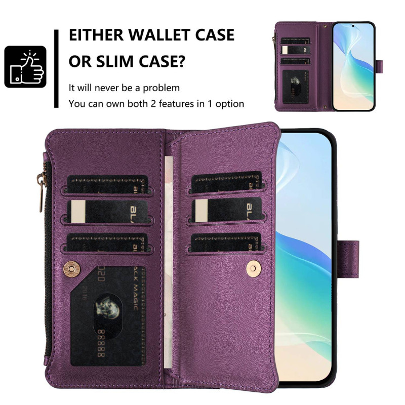 For Sony Xperia 10 VII Case with 9 Card Slots, Zipper Wallet, Stand, and Wrist Strap - Purple