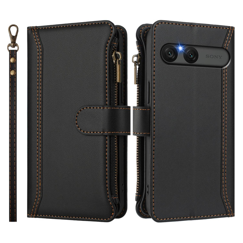 For Sony Xperia 10 VII Case with 9 Card Slots, Zipper Wallet, Stand, and Wrist Strap - Black