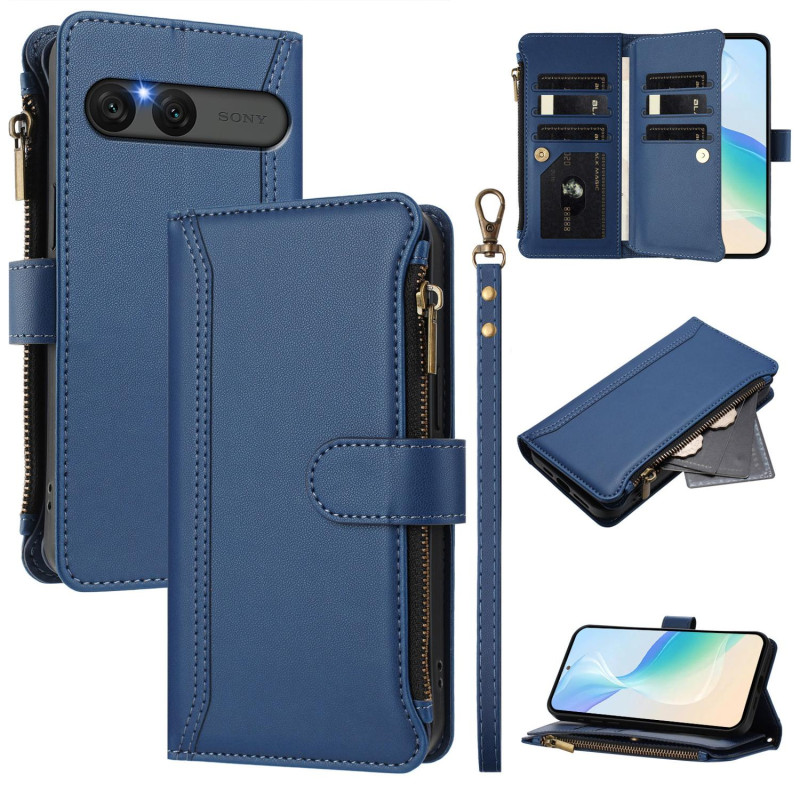For Sony Xperia 10 VII Case with 9 Card Slots, Zipper Wallet, Stand, and Wrist Strap - Dark Blue