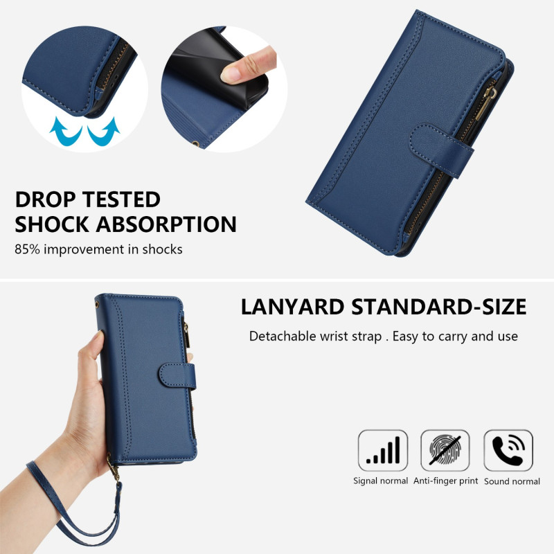 For Sony Xperia 10 VII Case with 9 Card Slots, Zipper Wallet, Stand, and Wrist Strap - Dark Blue