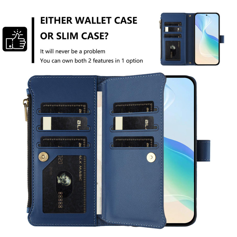 For Sony Xperia 10 VII Case with 9 Card Slots, Zipper Wallet, Stand, and Wrist Strap - Dark Blue