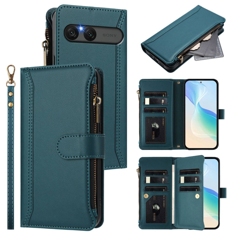 For Sony Xperia 10 VII Case with 9 Card Slots, Zipper Wallet, Stand, and Wrist Strap