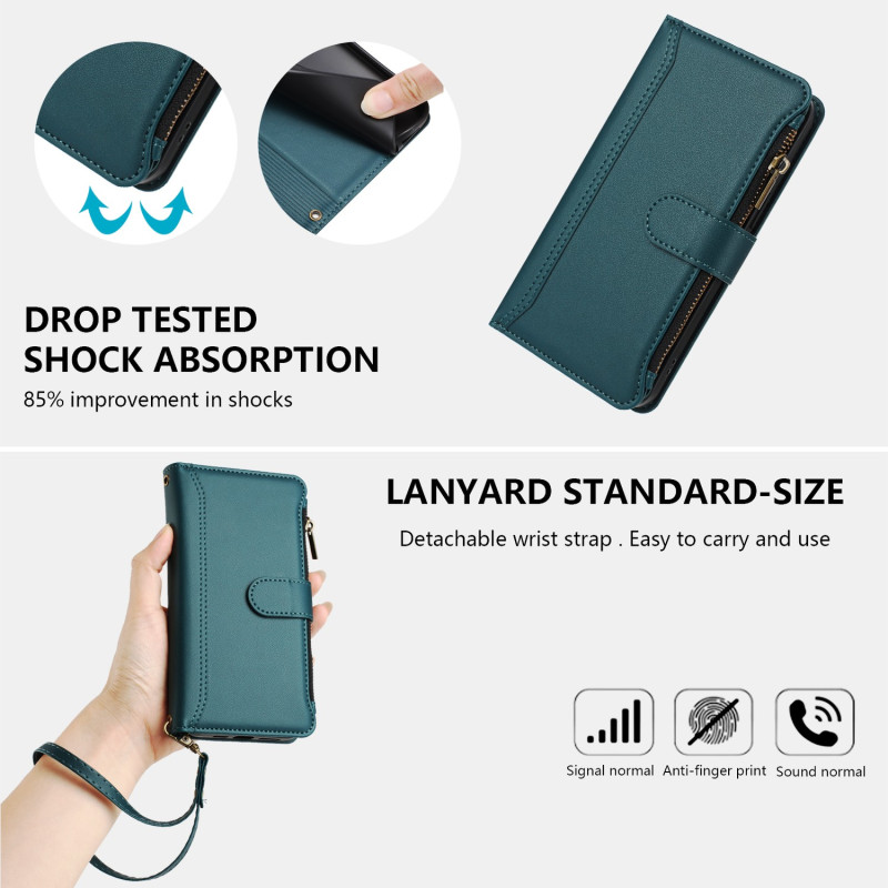For Sony Xperia 10 VII Case with 9 Card Slots, Zipper Wallet, Stand, and Wrist Strap