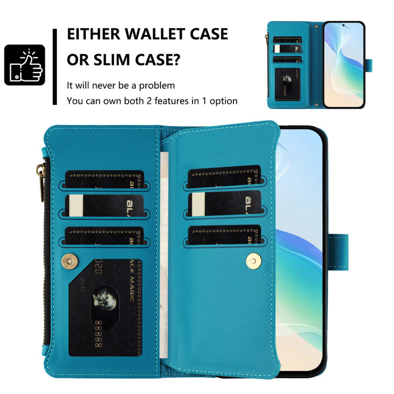 For Sony Xperia 10 VII Case with 9 Card Slots, Zipper Wallet, Stand, and Wrist Strap - Light Blue