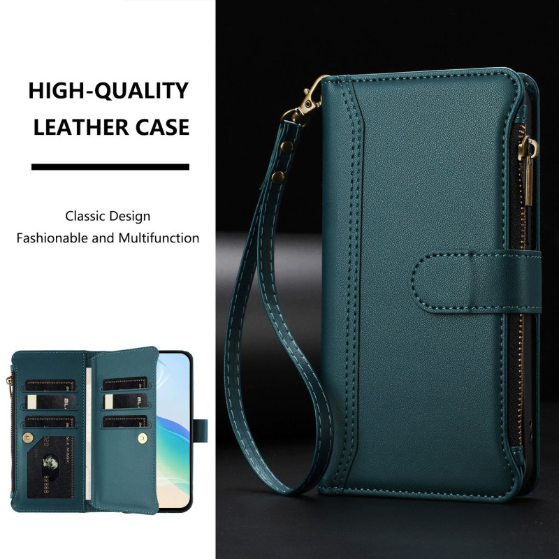 For Sony Xperia 10 VII Case with 9 Card Slots, Zipper Wallet, Stand, and Wrist Strap