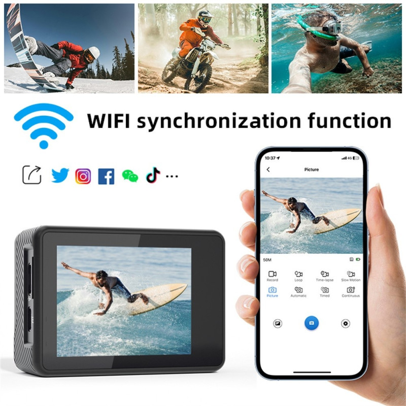 5K Ultra HD Sports Camera Dual Screen EIS Mini Dash Cam Waterproof Case + 32GB