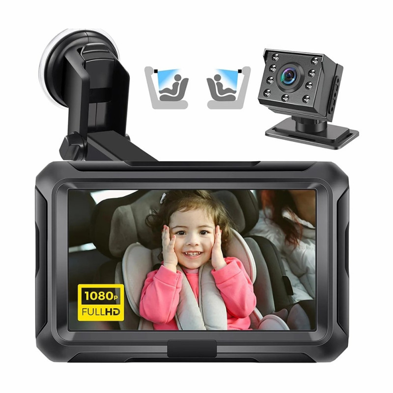 4,3" HD 1080P babyalarm til bil, 360 graders rotation, vidvinkel, nattesynskamera