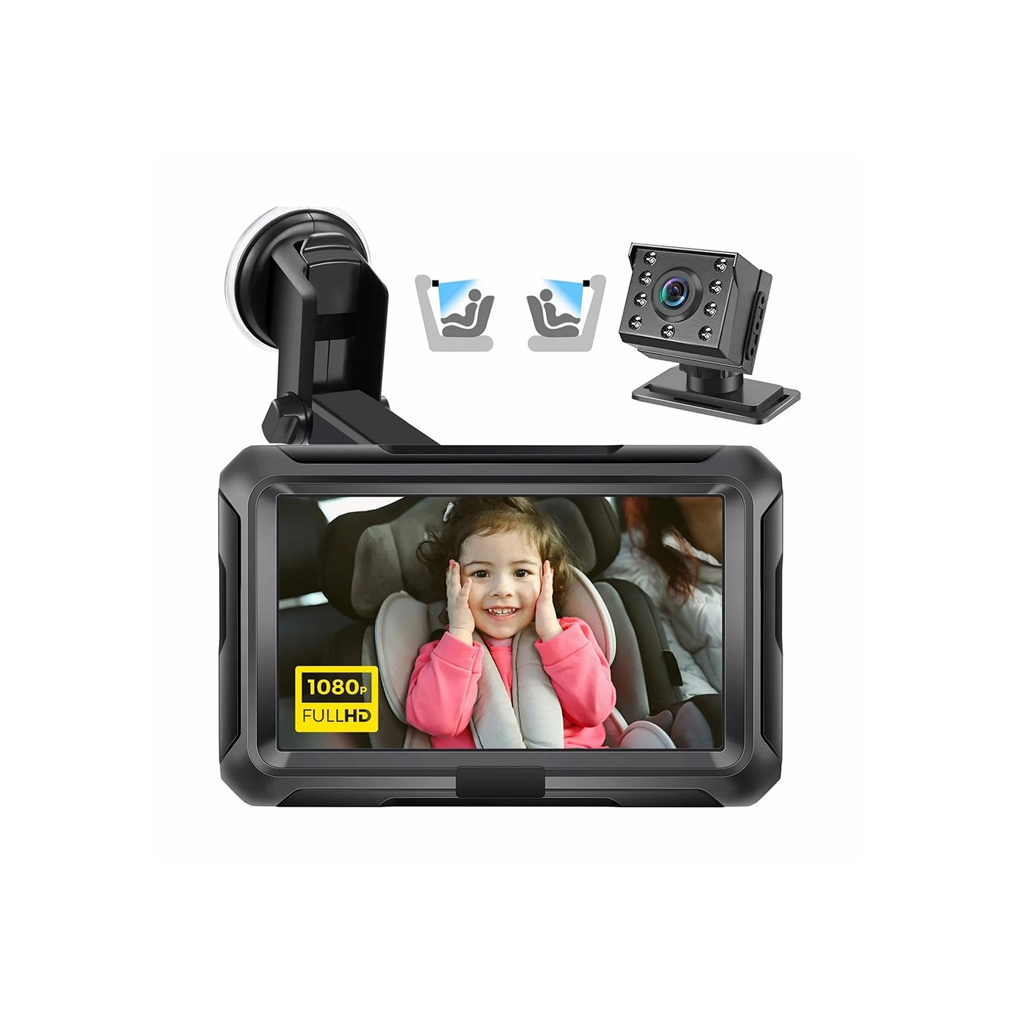 4,3" HD 1080P babymonitor for bil, 360 graders rotasjon, vidvinkelkamera for nattsyn