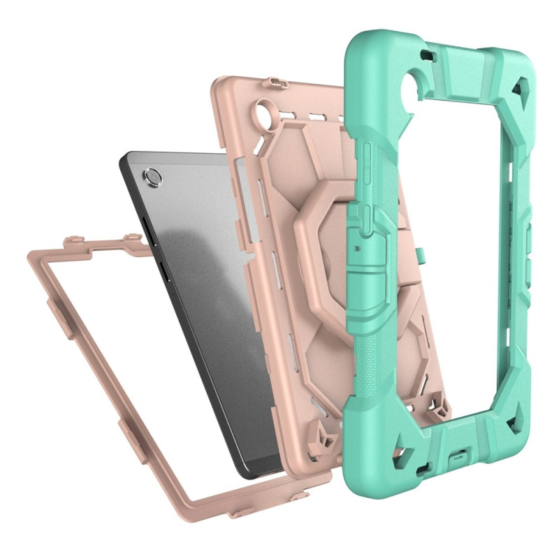For Samsung Galaxy Tab A11 Case PC+Silicone Tablet Cover with Rotating Kickstand Green + Pink