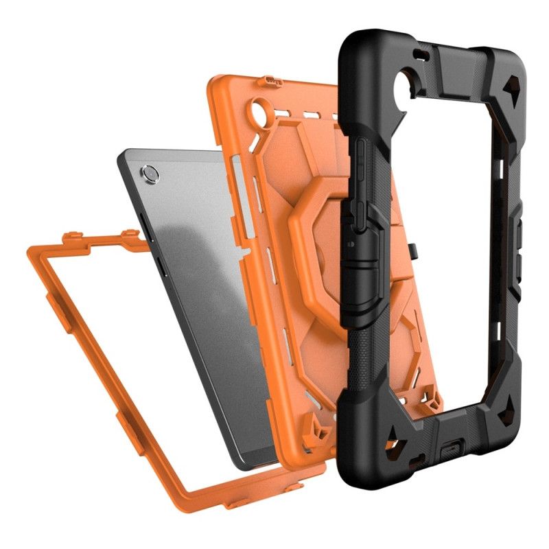 For Samsung Galaxy Tab A11+ Case PC+Silicone Tablet Cover with Rotating Kickstand Black + Orange