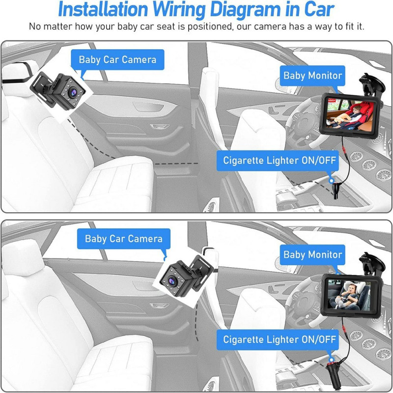 4,3" HD 1080P babymonitor for bil, 360 graders rotasjon, vidvinkelkamera for nattsyn