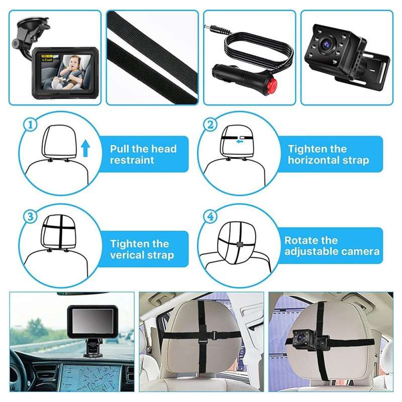 4.3" HD 1080P Baby Monitor Car 360 Degree Rotation Wide Angle Night Vision Camera