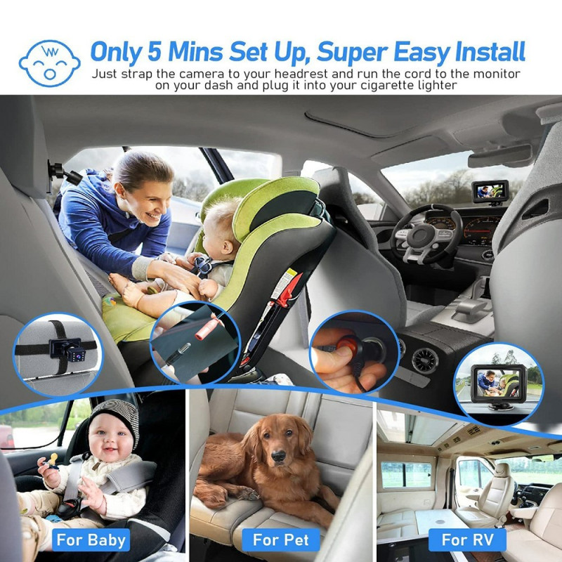 4,3 tuuman HD 1080P vauvamonitori autoon, 360 asteen kierto, laajakulmainen yönäkökamera