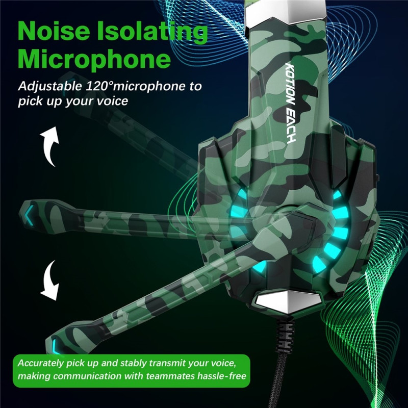 KOTION Gaming Headset LED Kablede Hodetelefoner med Mikrofon Kamuflasje LED