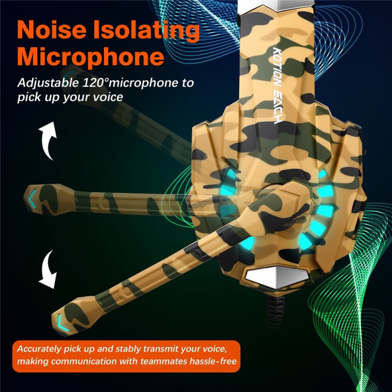 KOTION Gaming Headset LED Kablede Hodetelefoner med Mikrofon Kamuflasje LED - Gul