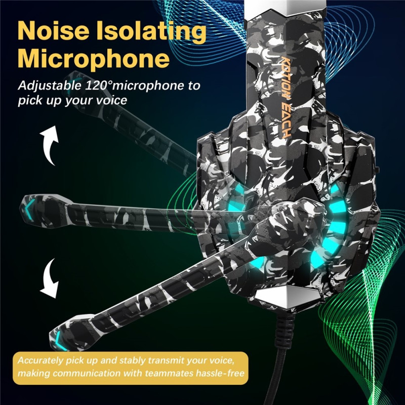 KOTION Gaming Headset LED Wired Headphones with Microphone Camouflage LED - Gray