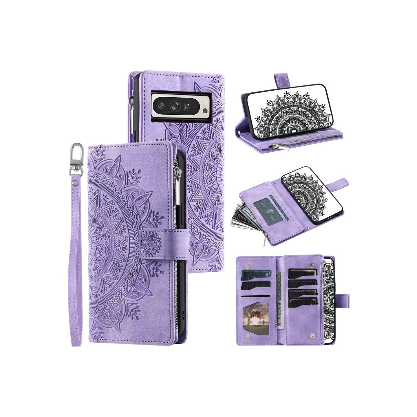 Google Pixel 10 Pro XL -lompakkokotelon kuoren kuoren Mandala-kukkakuvio