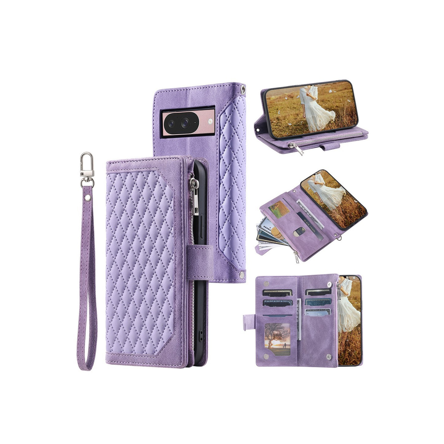 Google Pixel 10 Pro / 10 / 9 Pro / 9 Zipper Wallet Case Rhombus Stitching Line Puhelinsuojus