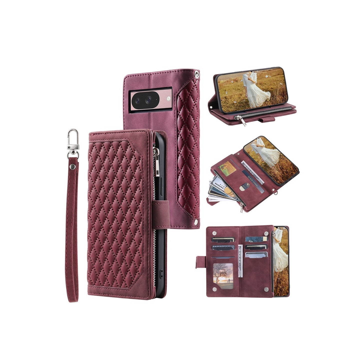 För Google Pixel 10 Pro / 10 / 9 Pro / 9 Zipper Wallet Case Rhombus Telefonfodral