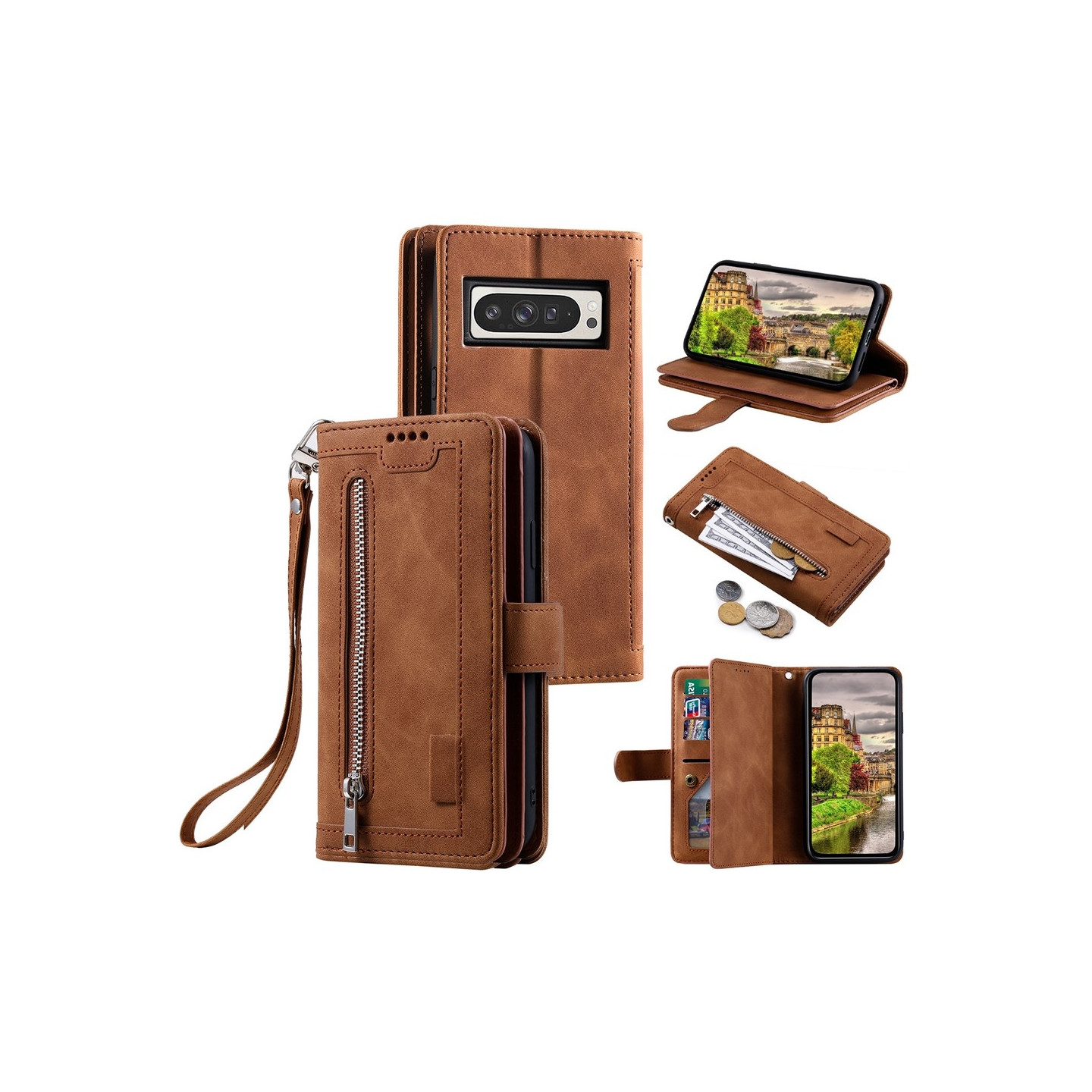 For Google Pixel 10 Pro XL / 9 Pro XL Case Zipper Pocket PU Leather Phone Cover with 9 Card Slots