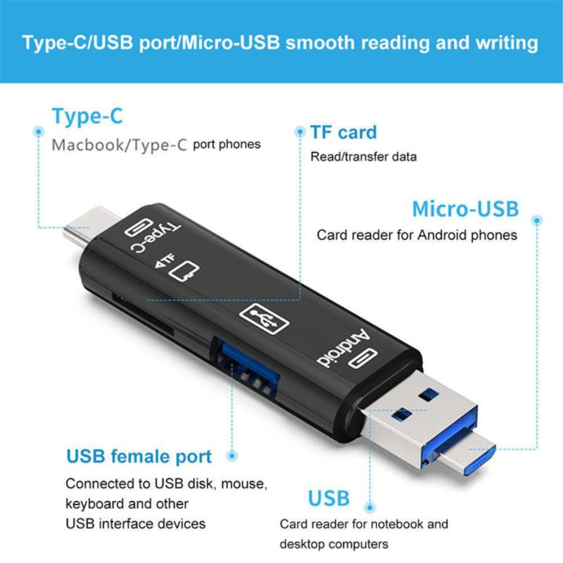 5 i 1 multifunktions Micro USB Type - C TF - kortlæser OTG - adapter