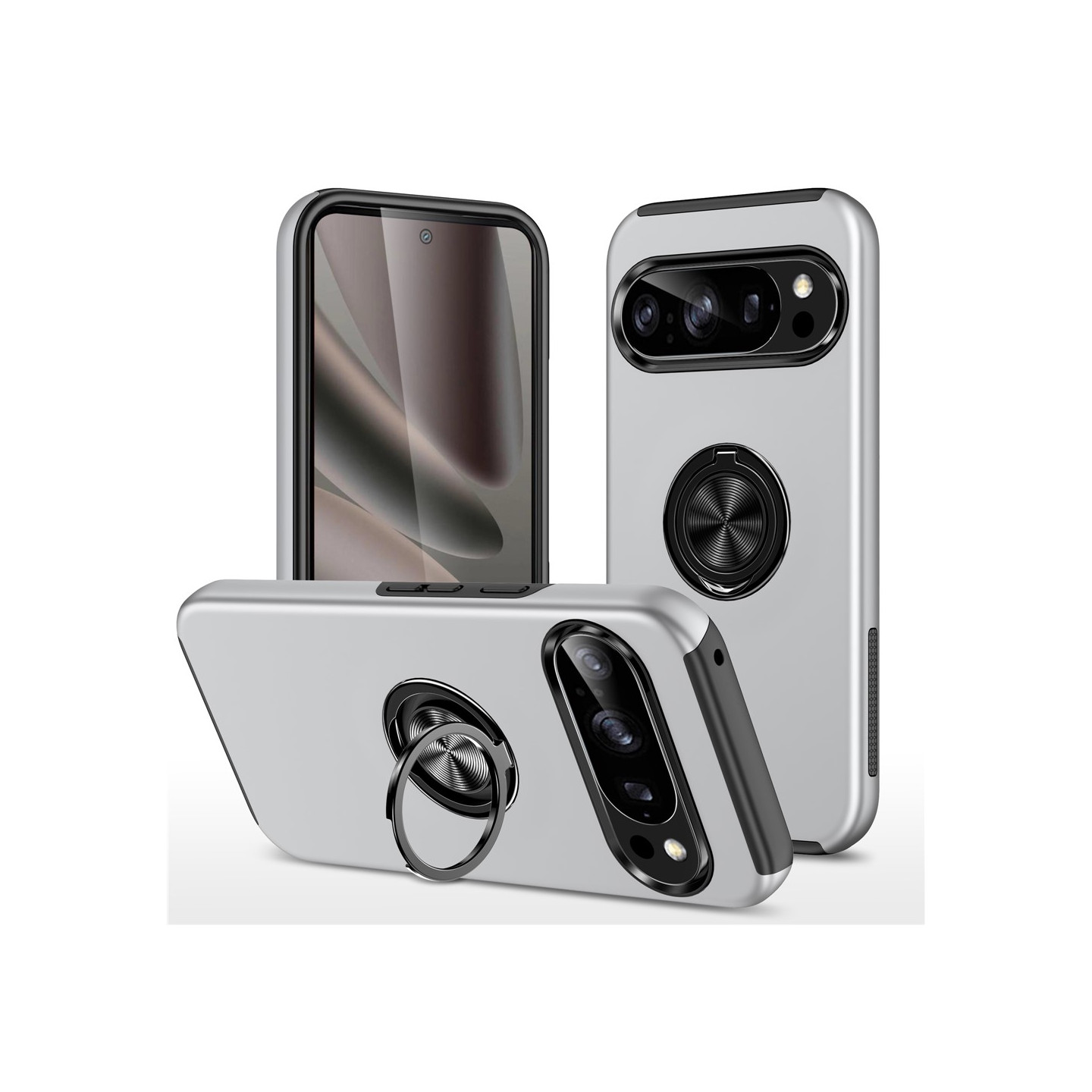 Google Pixel 10 Pro / Pixel 10 Skalsormenrengasjalustan hybridikotelo - Silver