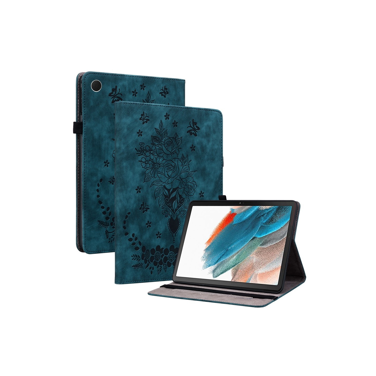 Til Samsung Galaxy Tab A11 Etui Beskyttelse Med Roseblomst Prægning - Blå