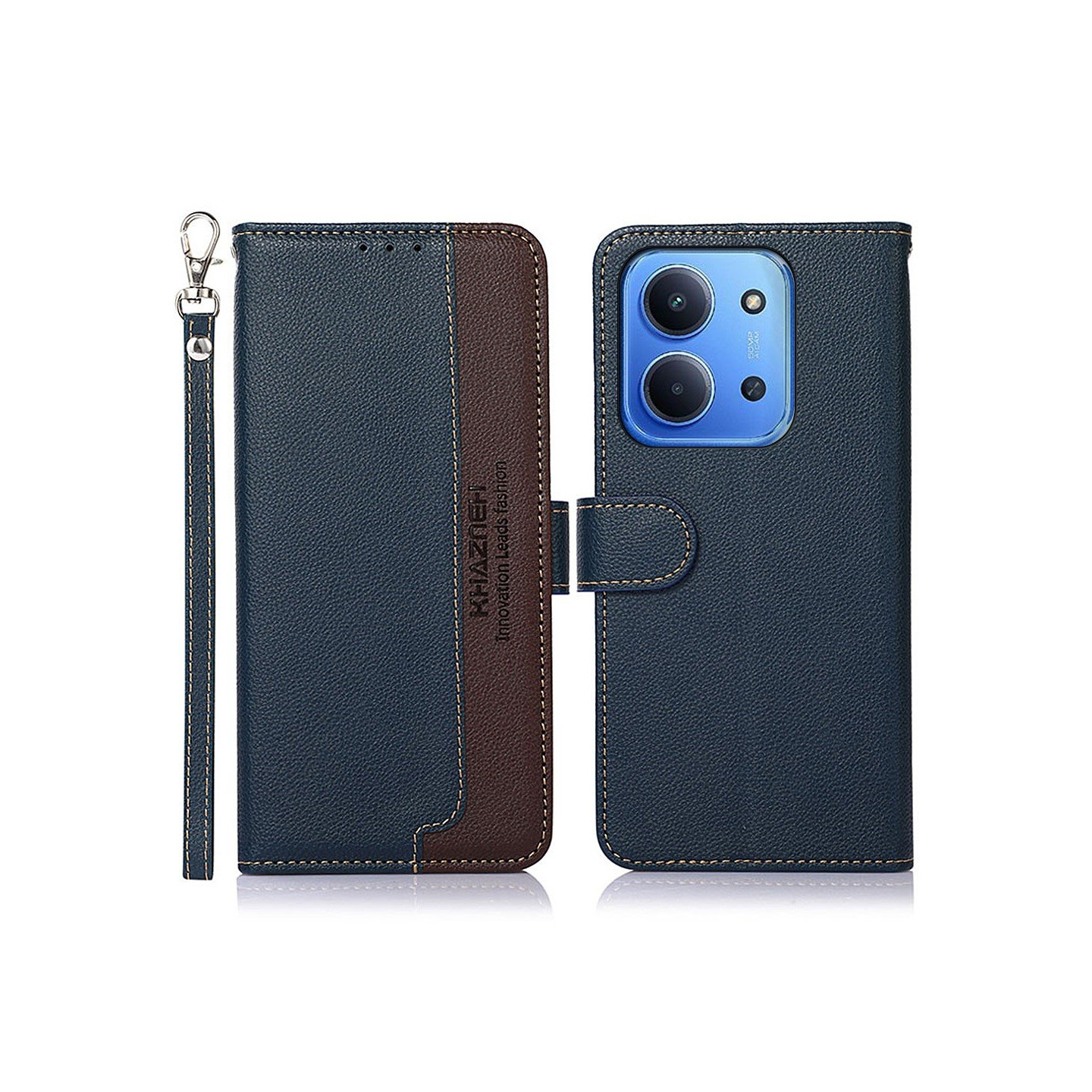 KHAZNEH Til Xiaomi Redmi 15C Etui RFID-blokkerende telefonlærfutteral Blå/Brun