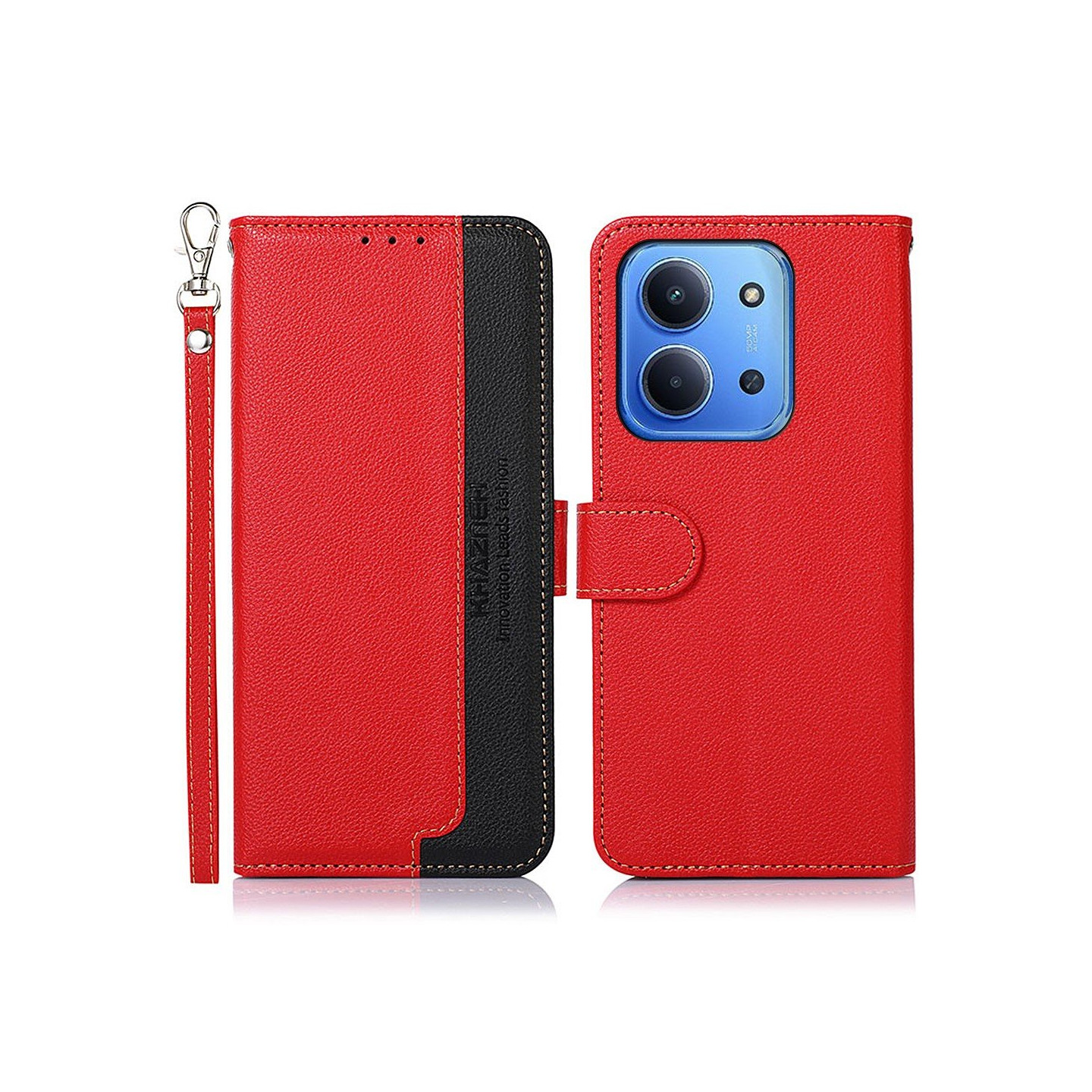 KHAZNEH Til Xiaomi Redmi 15C Etui RFID-blokkerende telefonlærfutteral Rød/Svart