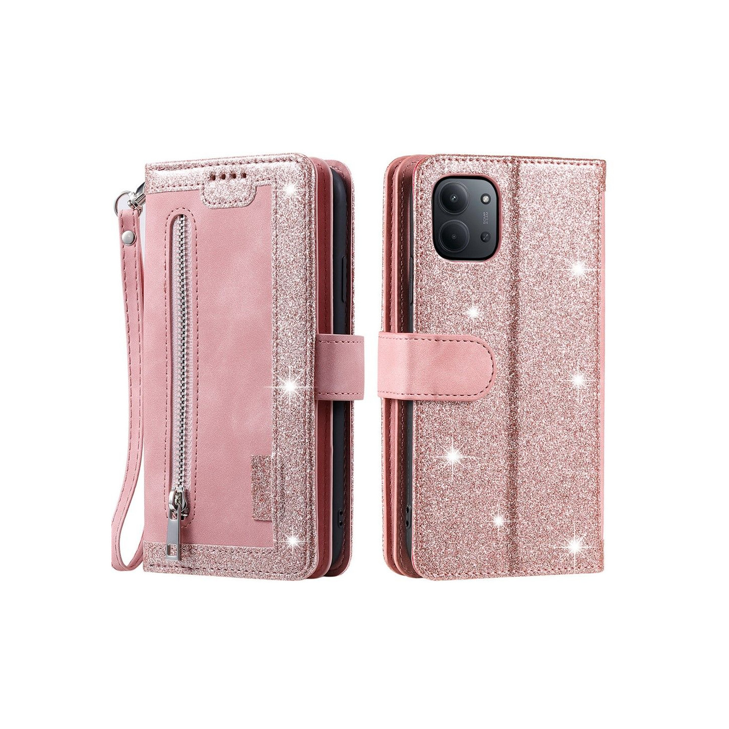 För Xiaomi Redmi 15C Fodral med Dragkedja och 9 Kortplatser – Pink