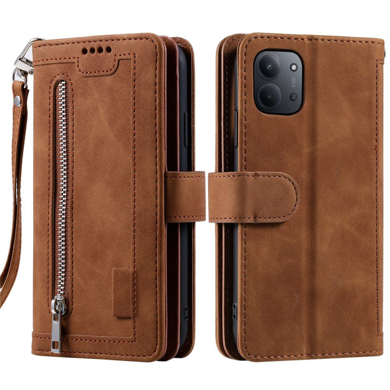 For Xiaomi Redmi 15C Case Zipper Pocket PU Leather Phone Cover with 9 Card Slots