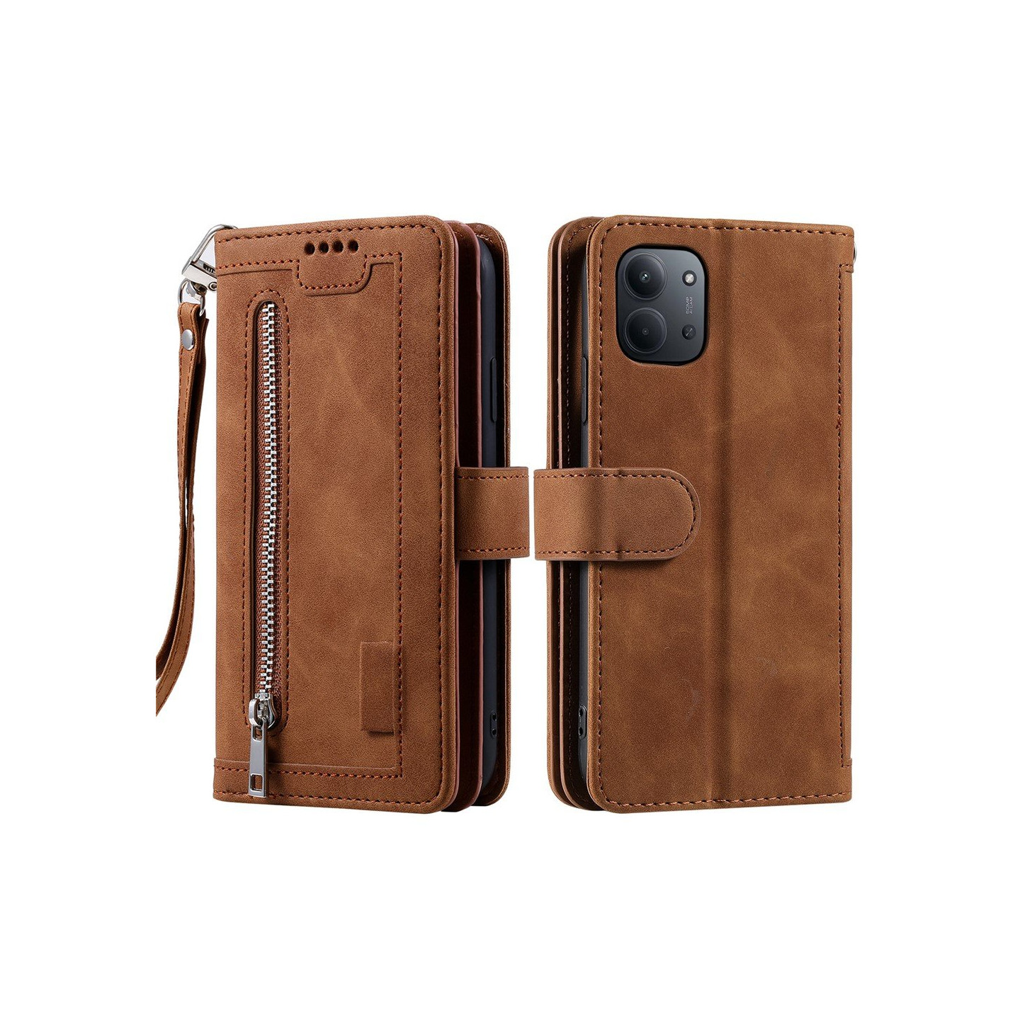 Til Xiaomi Redmi 15C Etui med Lynlåslomme og 9 Kortlommer – Brun