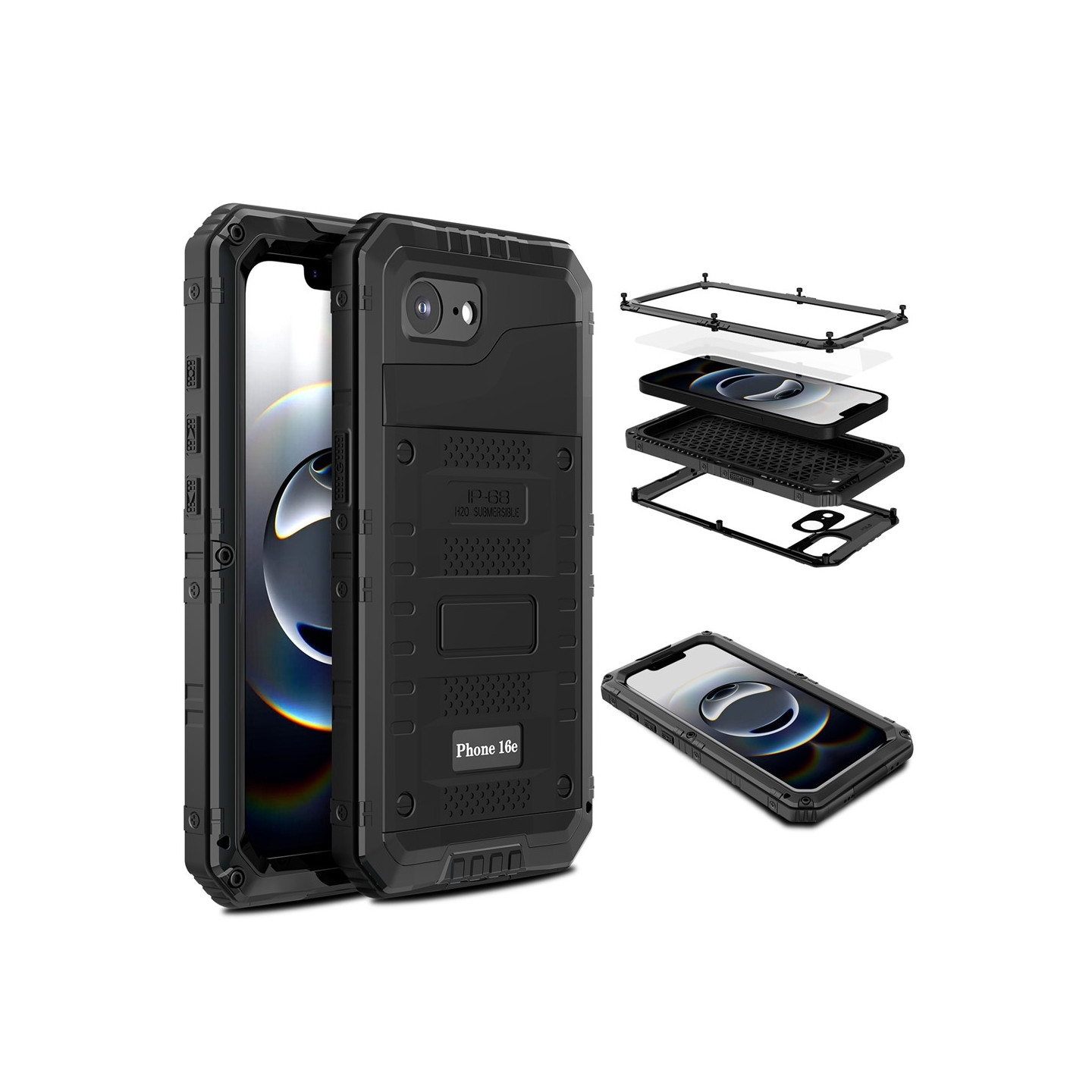 IP68 vanntett deksel til iPhone 16e metall + silikon med skjermbeskytter