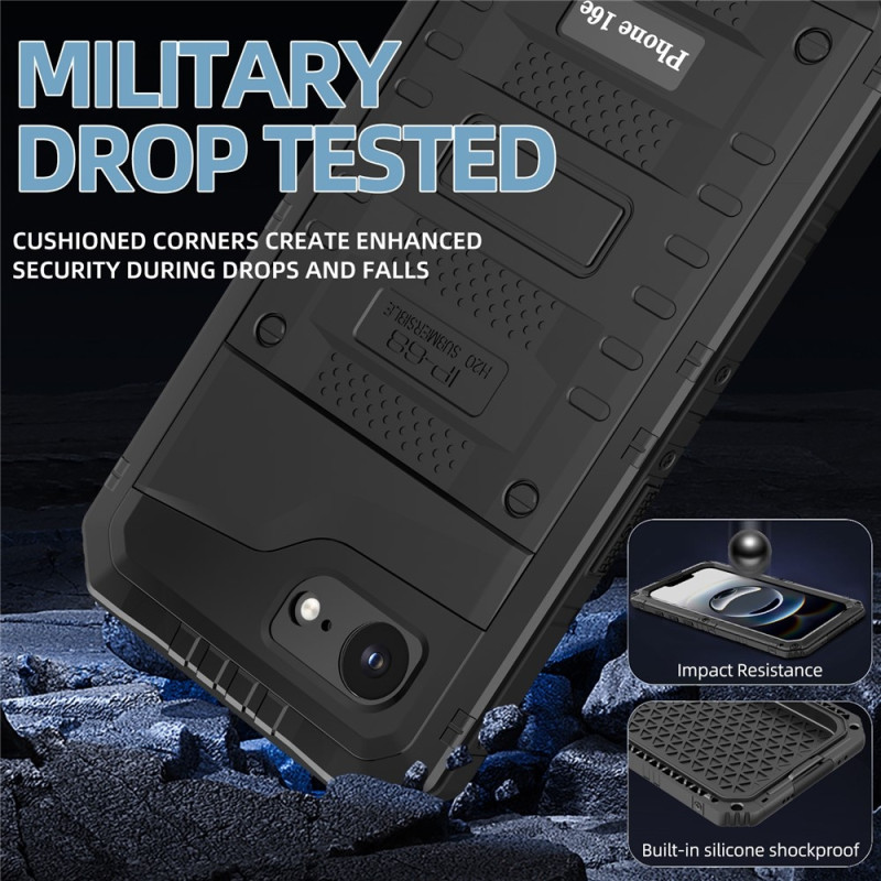 IP68 vanntett deksel til iPhone 16e metall + silikon med skjermbeskytter