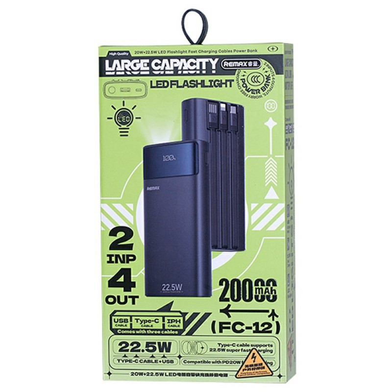 REMAX FC-12 20000mAh Powerbank Innebygde USB-C/USB/iP-kabler med LED-lommelykt