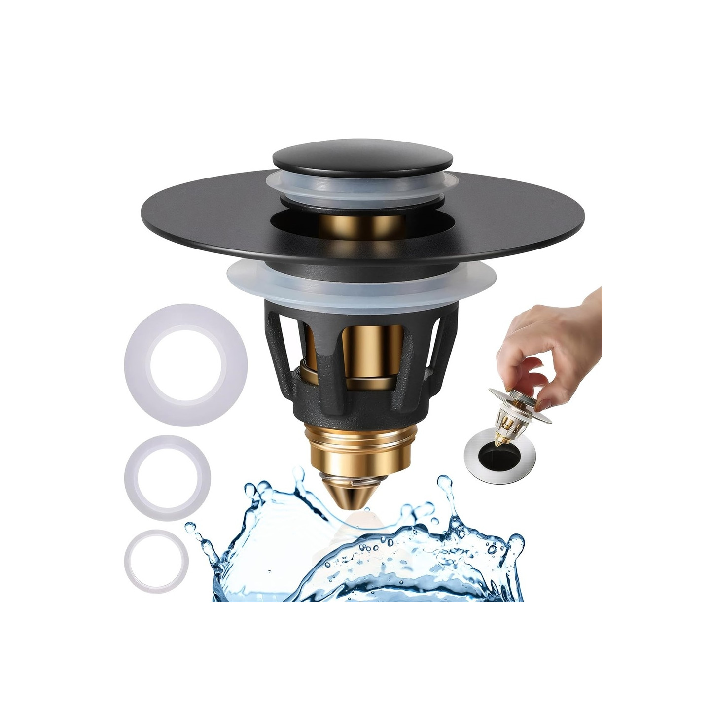 Sink drain stopper push button pop-up plug anti-clogging hair catcher