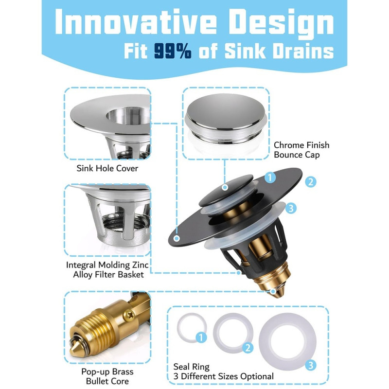 Avløpsstopp med trykknapp, pop-up-plugg, anti-tilstopping av hårfanger