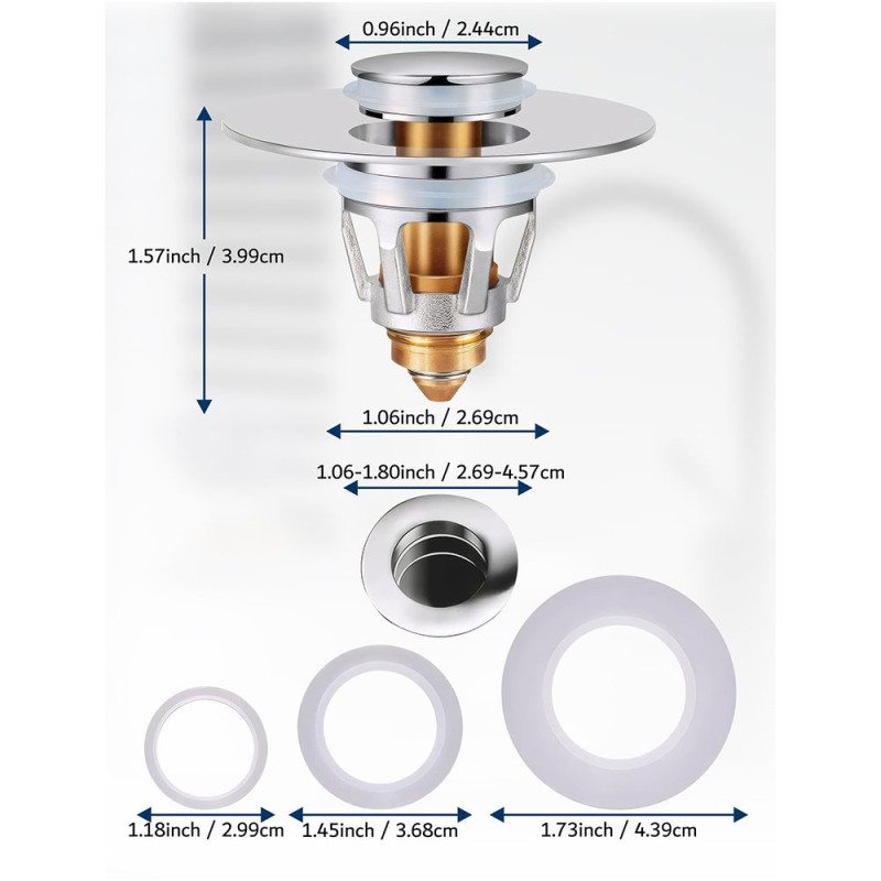 Tiskialtaan viemärin tulppa painonapilla, ponnahdustulppa tukkeutumaton hiustenkerääjä