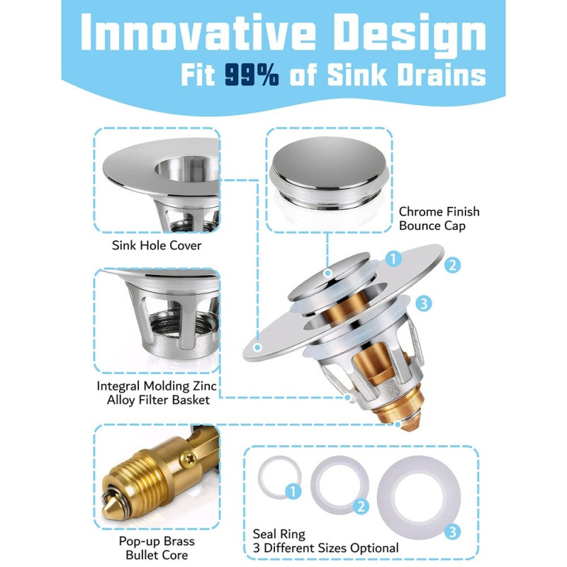 Afløbsprop til vask, trykknap, pop-up-prop, anti-tilstopning, hårfanger