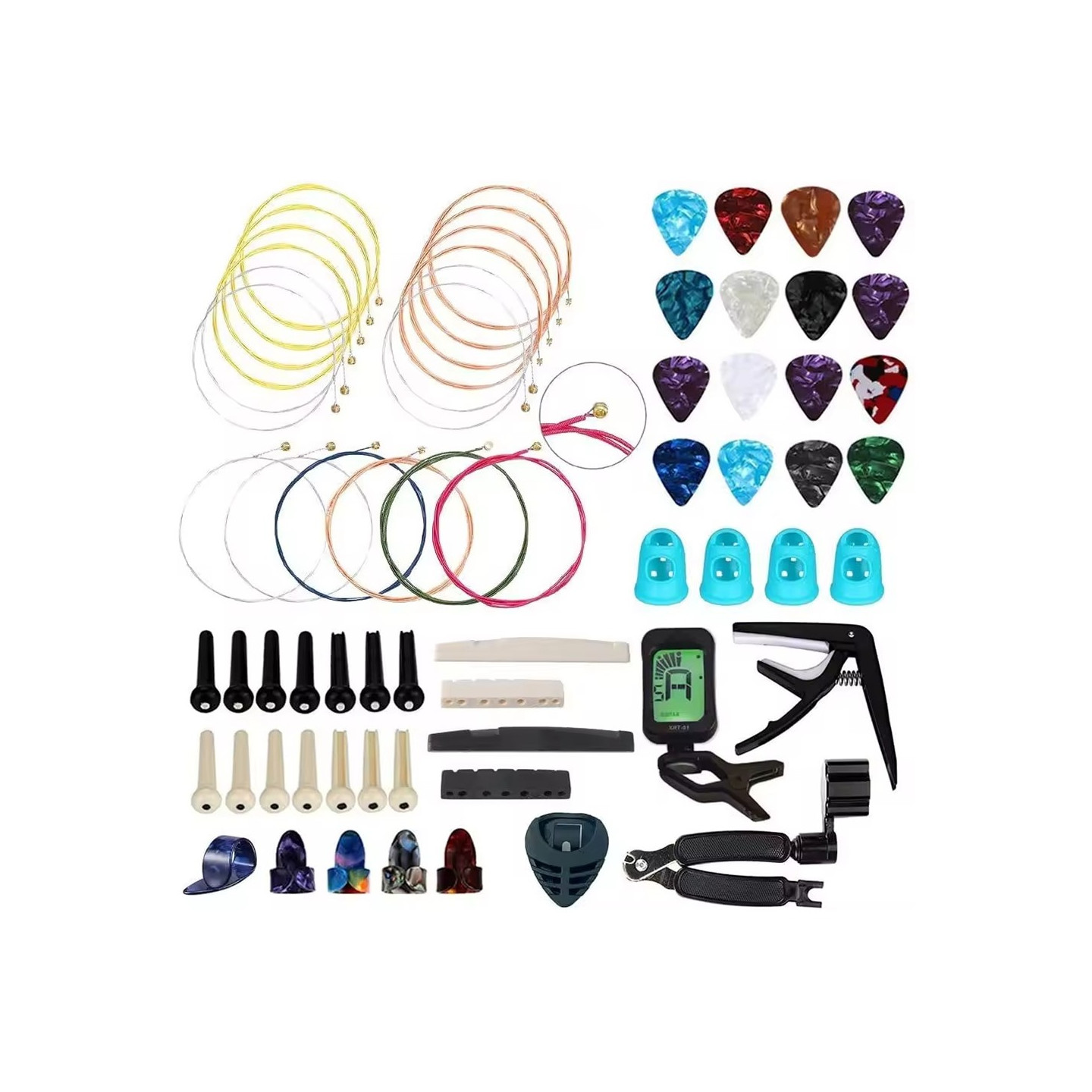 65 deler gitartilbehør, akustiske elektriske gitarstrenger, plekter, strengeviklere etc.