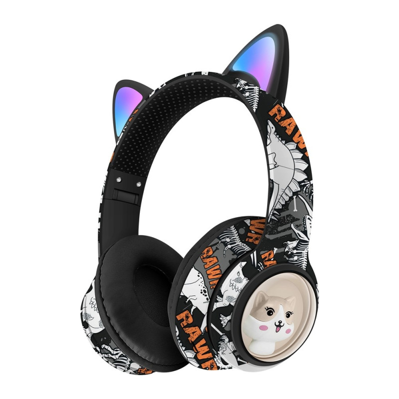 Wireless On-Ear Headphones Cat Ear Bluetooth FM Radio Headset Microphone - Black