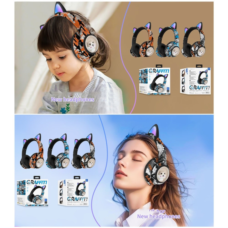 Trådløse On-Ear-hodetelefoner med katteøre, Bluetooth, FM-radio, hodesett med mikrofon - svart