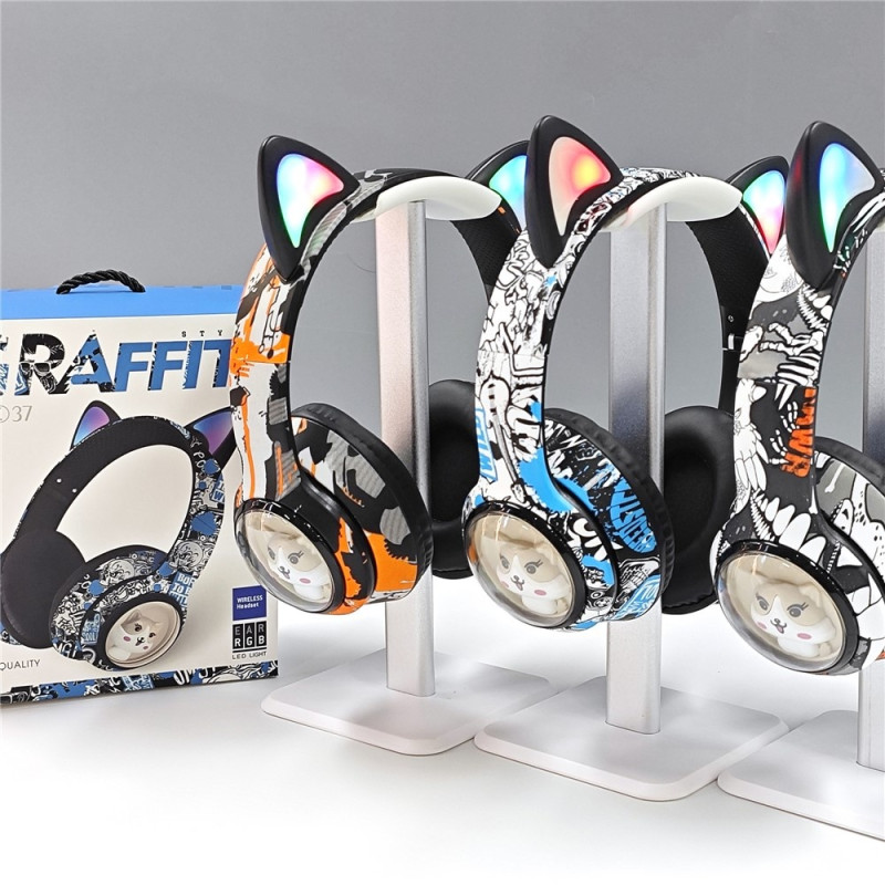 Trådløse On-Ear Hovedtelefoner Katteøre Bluetooth FM Radio Headset Mikrofon - Sort