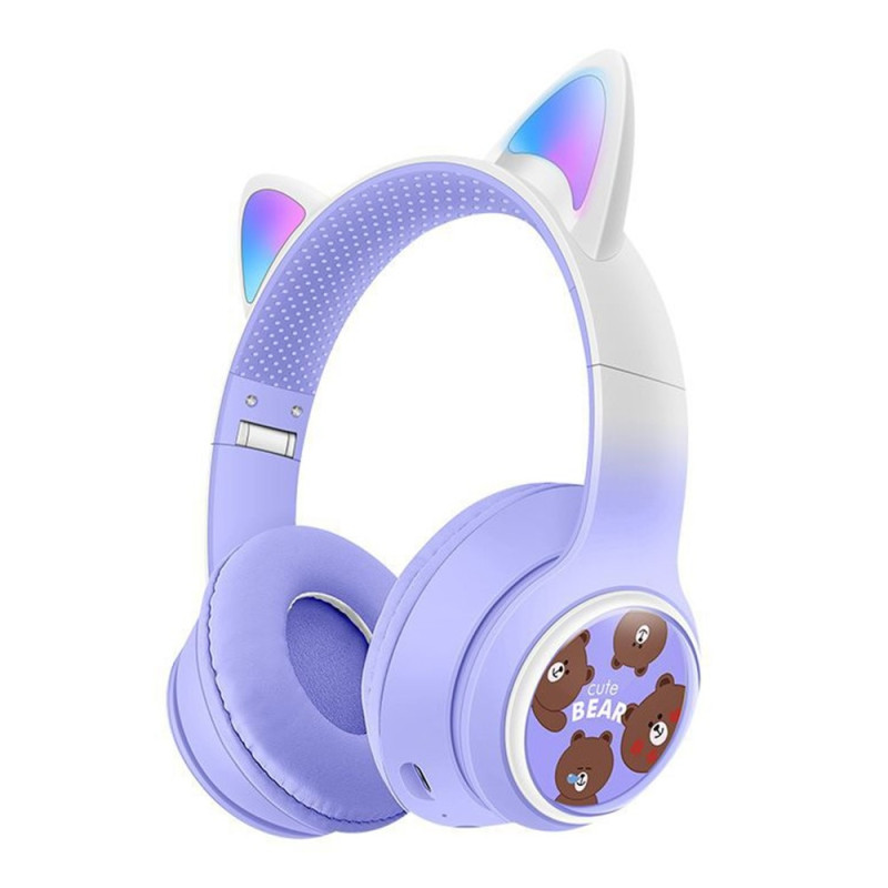 Wireless On-Ear Headphones Glowing Cat Ear Bluetooth Gaming Headset - Purple