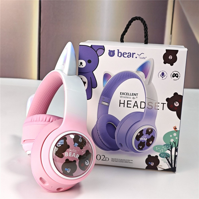 Trådløse On-Ear Hovedtelefoner Glødende Katteøre Bluetooth Gaming Headset - Pink