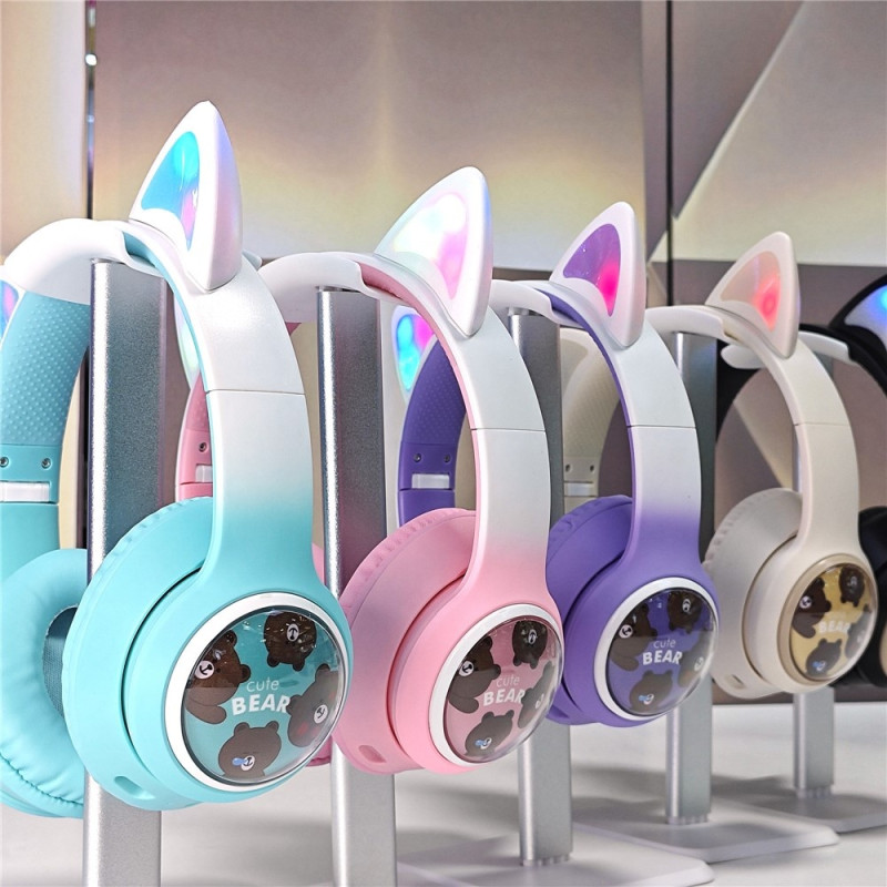 Trådløse On-Ear-hodetelefoner med glødende katteører og Bluetooth-spillhodesett – rosa